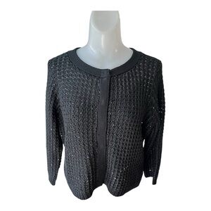 Black Cropped Woven Holiday Cardigan Sweater with Sparkle size M